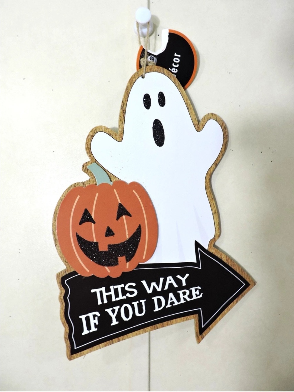 Halloween Hanging Sign "This Way If You Dare" Ghost Wood Sign NWT